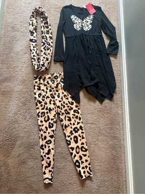 PatPat Black Dress with Leopard Print Leggings and Scarf Set